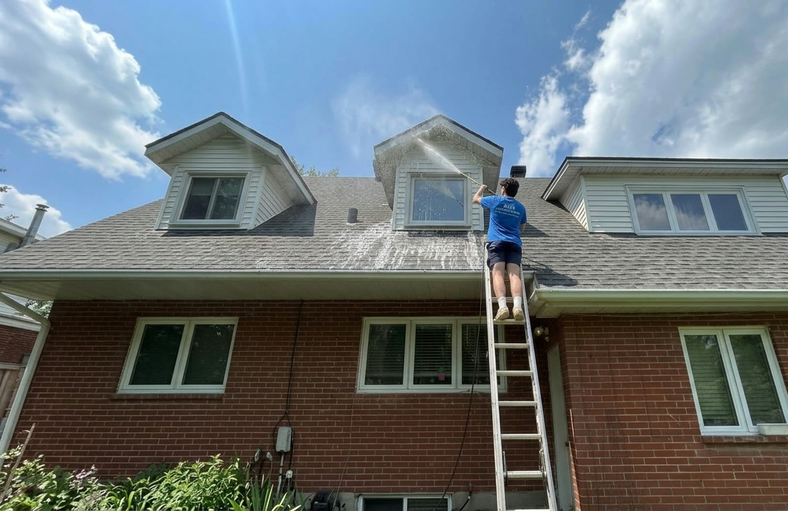 A Magic Cleaning worker soft washing the siding and dormers of a brick home