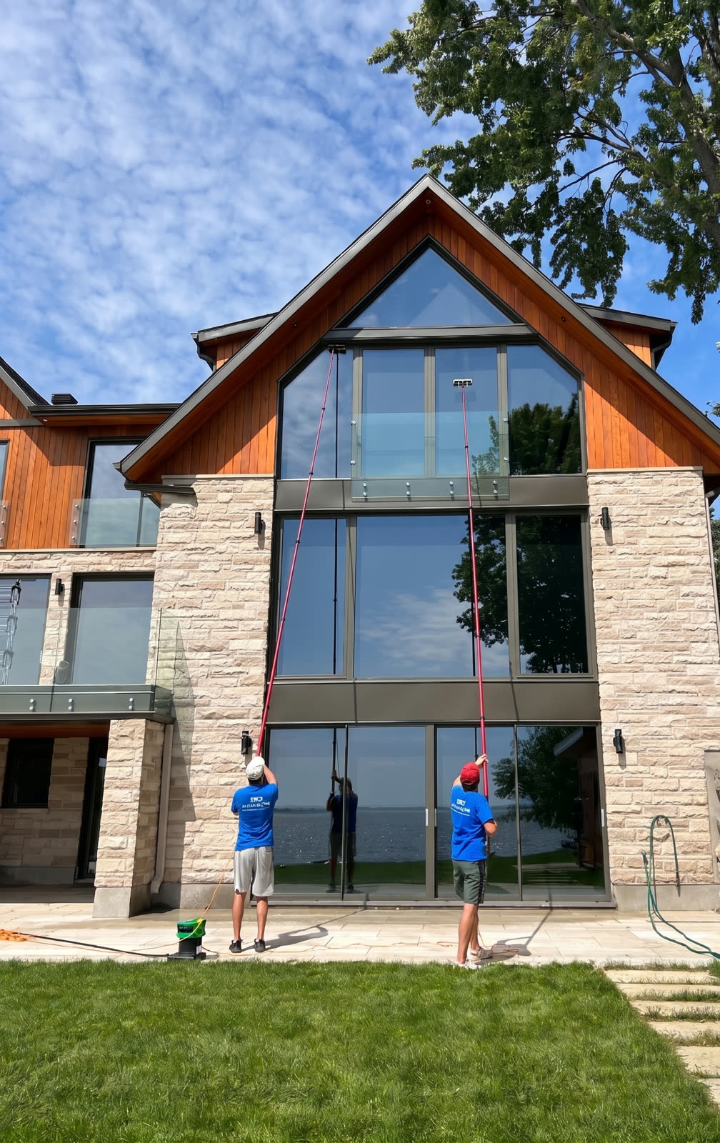 Two Magic Cleaning workers cleaning tall lakeside windows with water fed poles